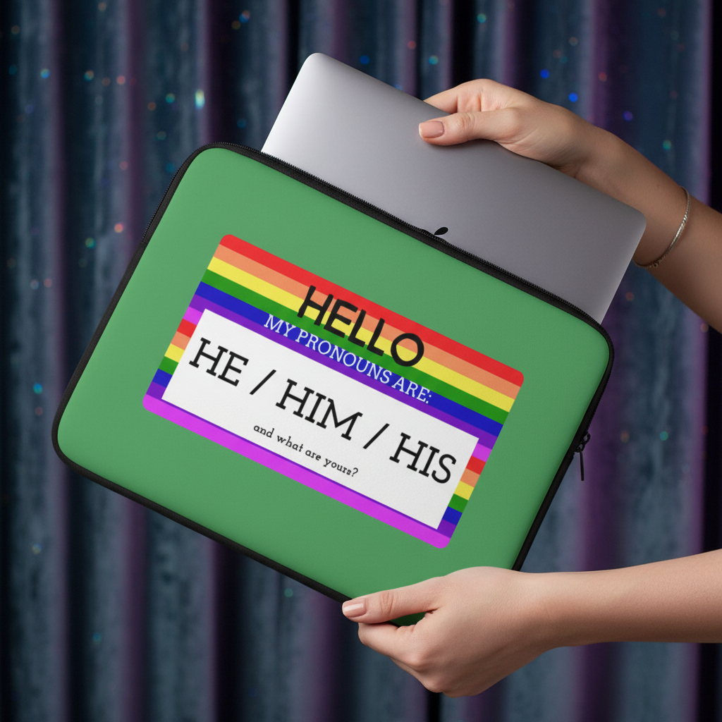 Laptop sleeve with rainbow-bordered "Hello My Pronouns Are He / Him / His" tag, held next to a laptop. Blue-purple curtains behind.