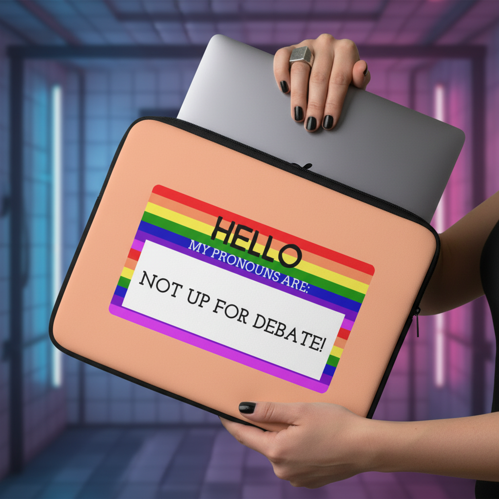 Laptop sleeve with a rainbow-striped label reads "Hello My Pronouns Are Not Up For Debate." Soft, colorful queer lighting, blurred background.