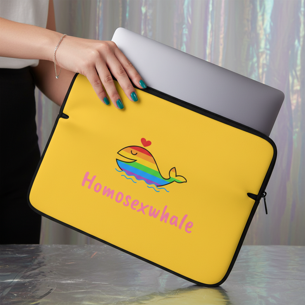 Homosexwhale Laptop Sleeve in bold yellow with a rainbow-striped cartoon whale, red heart, and pink "Homosexwhale" text; silver laptop held by person with teal nails. Iridescent curtains shimmer behind.