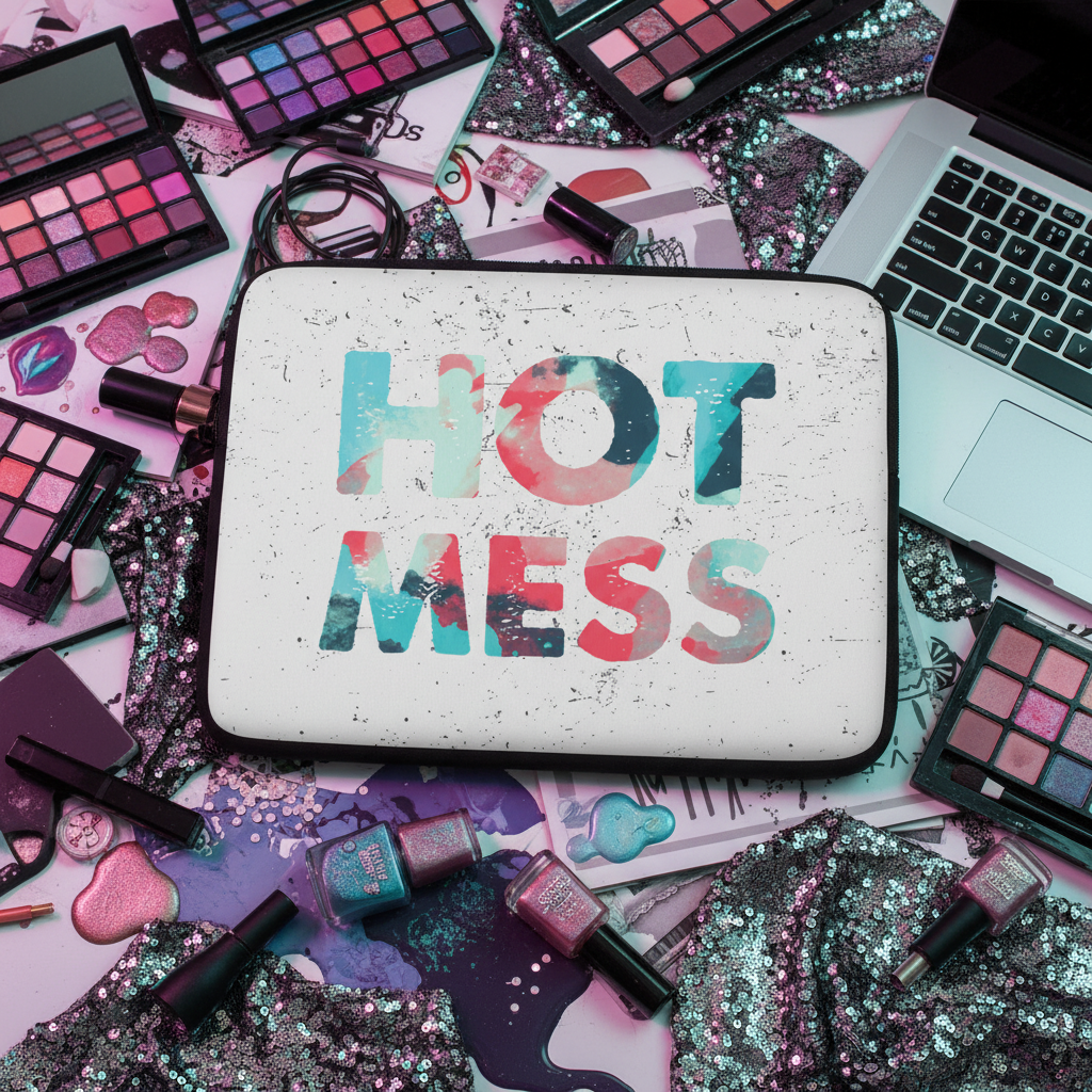 Laptop sleeve with “HOT MESS” in bold, rainbow letters on a glittery, messy surface of makeup, nail polish, lipstick, and laptop.