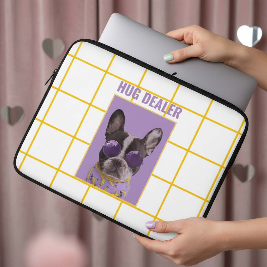 Hug Dealer Laptop Sleeve, white neoprene with yellow grid, French bulldog in purple shades, "HUG DEALER" text. Pink curtains, heart decor.