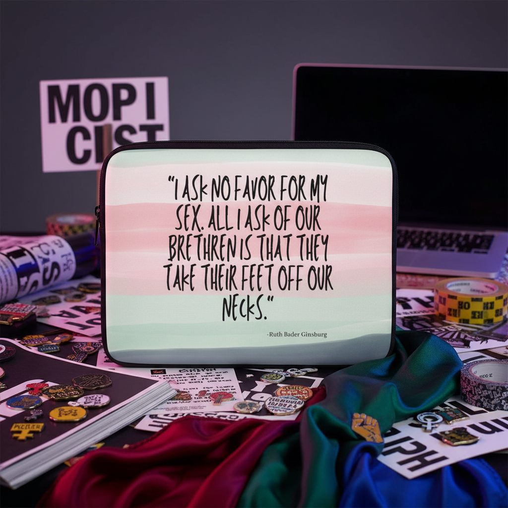 Laptop sleeve with pastel pink and green hues, soft faux fur lining, “I Ask No Favor For My Sex” Ruth Bader Ginsburg quote, plus pride-inspired pins and stickers.