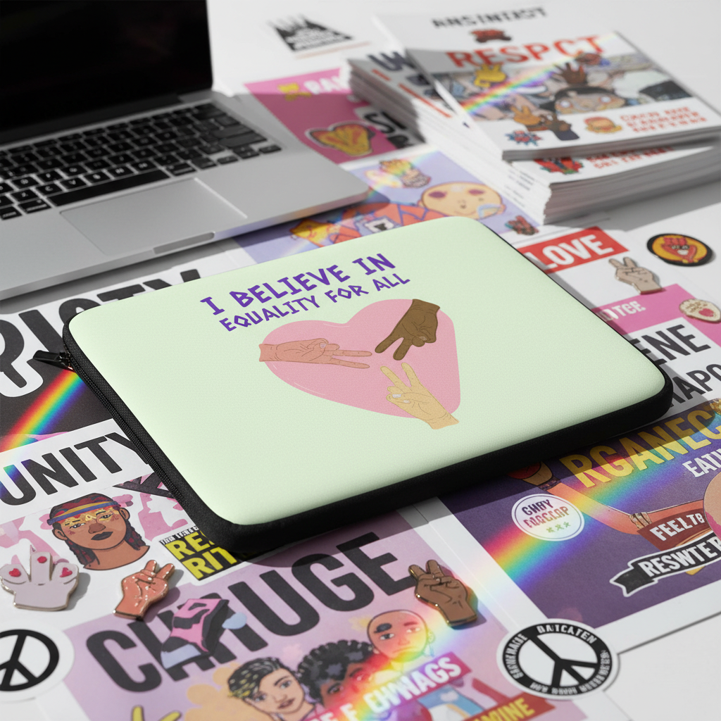 I Believe In Equality For All Laptop Sleeve, with hands of different skin tones forming a heart around “I BELIEVE IN EQUALITY FOR ALL.”.