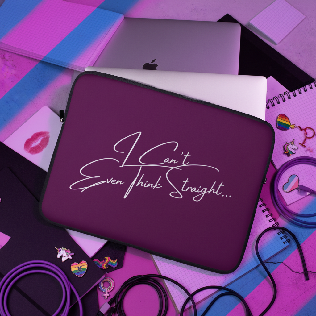 Purple neoprene "I Can't Even Think Straight" laptop sleeve with white script, atop MacBook, amid pride pins, rainbow and heart stickers.