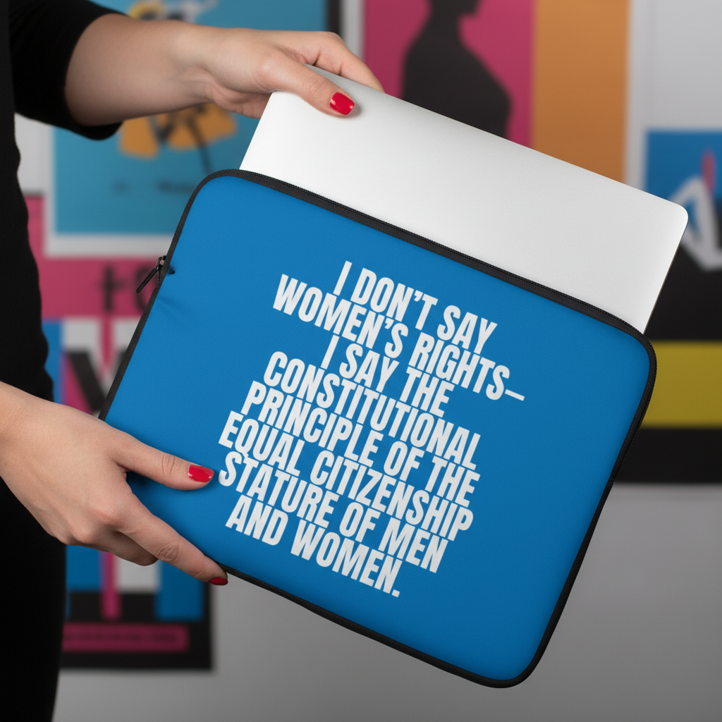 Blue neoprene laptop sleeve with bold white text: I DON’T SAY WOMEN’S RIGHTS—I SAY THE CONSTITUTIONAL PRINCIPLE OF THE EQUAL CITIZENSHIP STATURE OF MEN AND WOMEN.