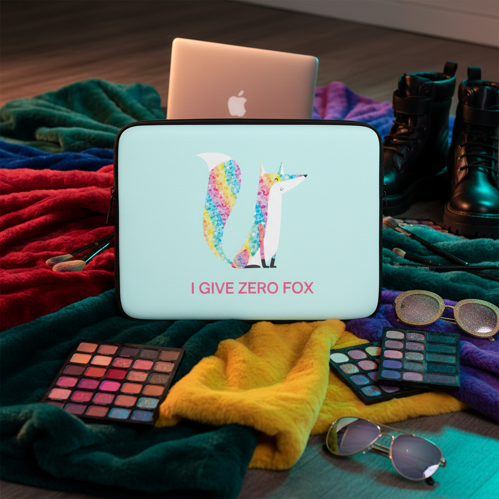 Glitter laptop sleeve with “I Give Zero Fox” in bold, rainbow fox art, on a plush blanket with boots, sunnies, palettes, and MacBook.