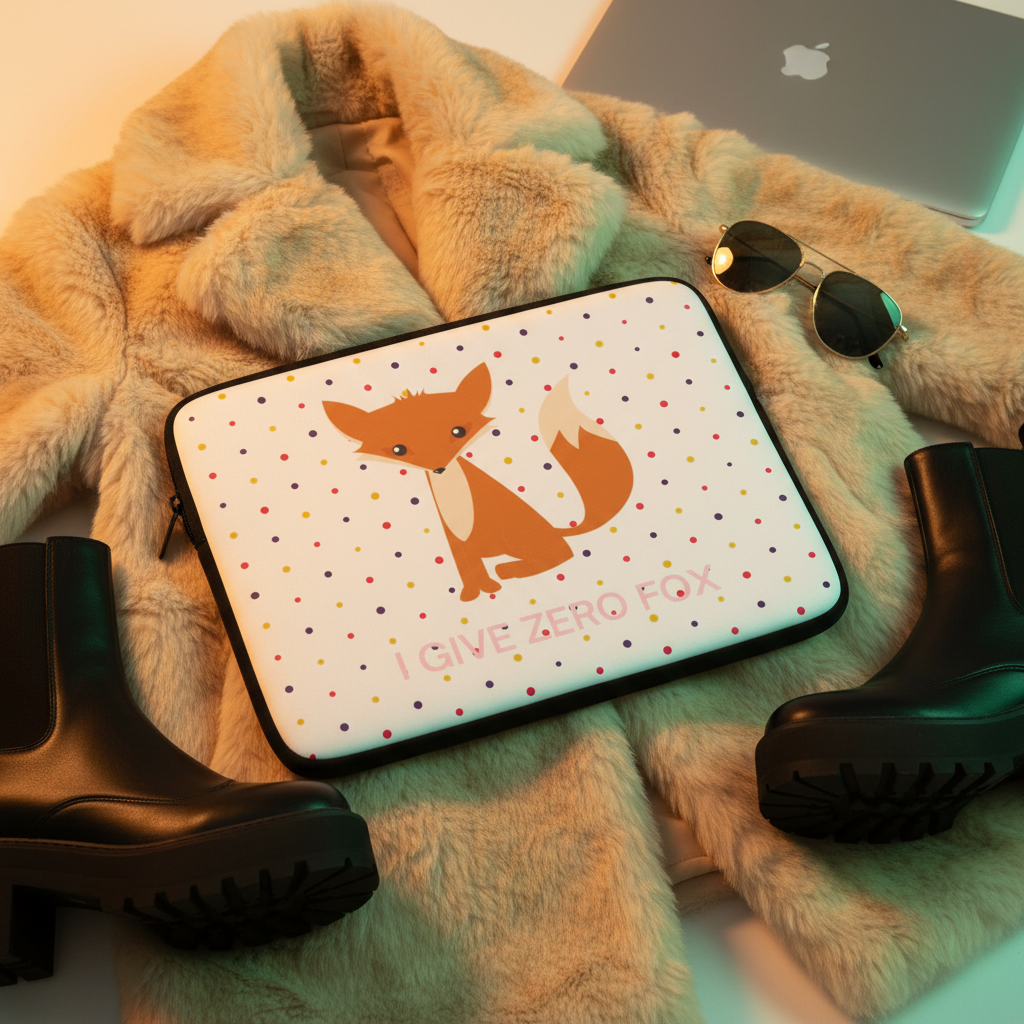 I Give Zero Fox" laptop sleeve with a cartoon fox, rainbow dots, and pink text. Beige faux fur coat, black boots, sunglasses, gray MacBook.