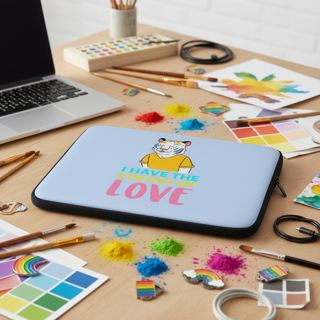 Laptop sleeve in light blue with “I HAVE THE COLORS OF LOVE” and a cartoon tiger, on a desk with rainbow art, paint, and pencils.