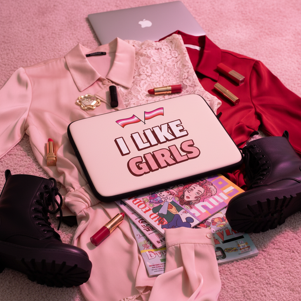 The “I LIKE GIRLS” laptop sleeve with pink-red stripes, red and cream blouses, black boots, lipsticks, and manga on carpet in queer pink glow.