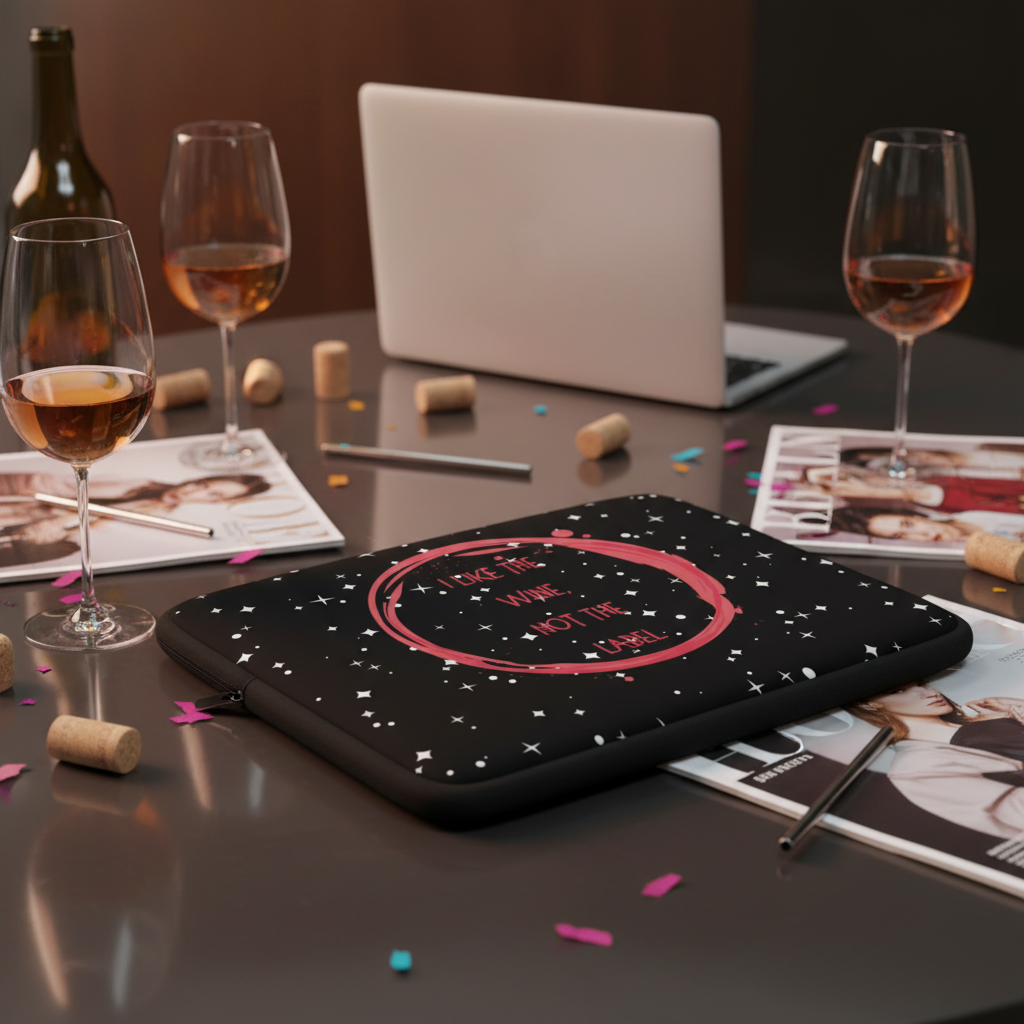 Pansexual laptop sleeve reading “I Like The Wine Not The Label,” with a starry print, on a desk with wine glasses and confetti.