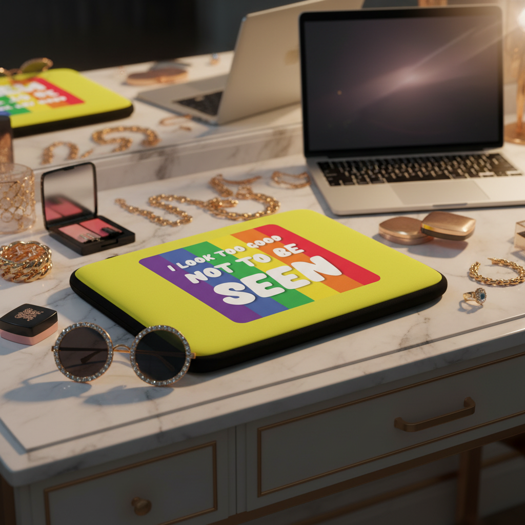 Yellow pride laptop sleeve with a bold rainbow and “I look too good not to be SEEN” sits on a vanity with makeup, jewelry, and shades.