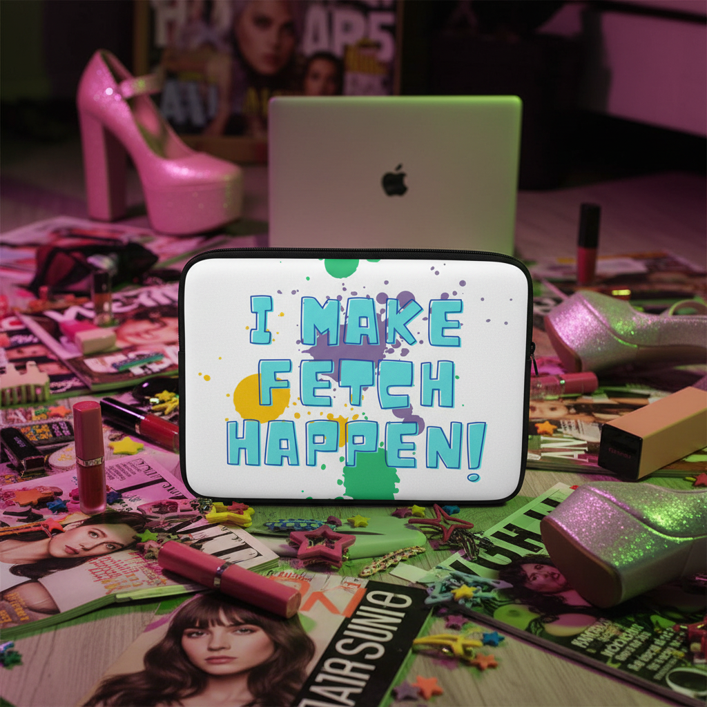 Laptop sleeve with "I Make Fetch Happen!" in bold, rainbow faux fur, surrounded by queer-coded fashion mags, makeup, confetti, glitter heels.