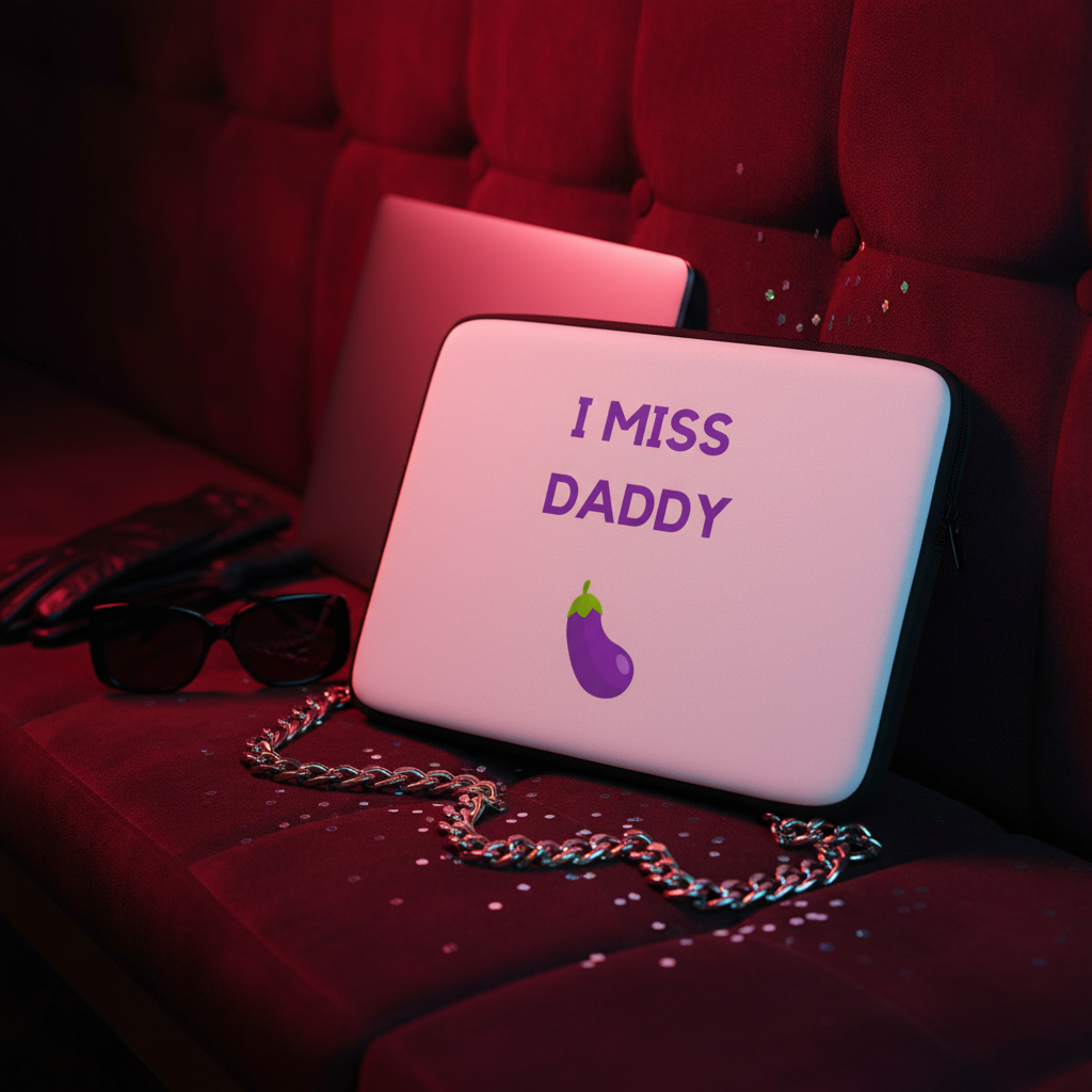 The "I Miss Daddy" laptop sleeve sits on a plush red velvet couch, surrounded by black sunglasses, gloves, a chain strap, closed laptop, and sequins.
