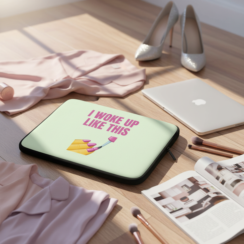 “I Woke Up Like This” pastel laptop sleeve with makeup icons, shown with laptop, pink clothes, heels, mag, and brushes on wood floor.