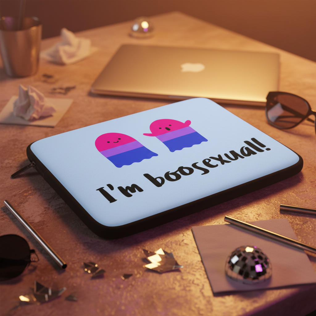 I'm Boosexual" laptop sleeve with pink and purple cartoon ghosts and faux fur lining, on a messy desk with queer vibes.