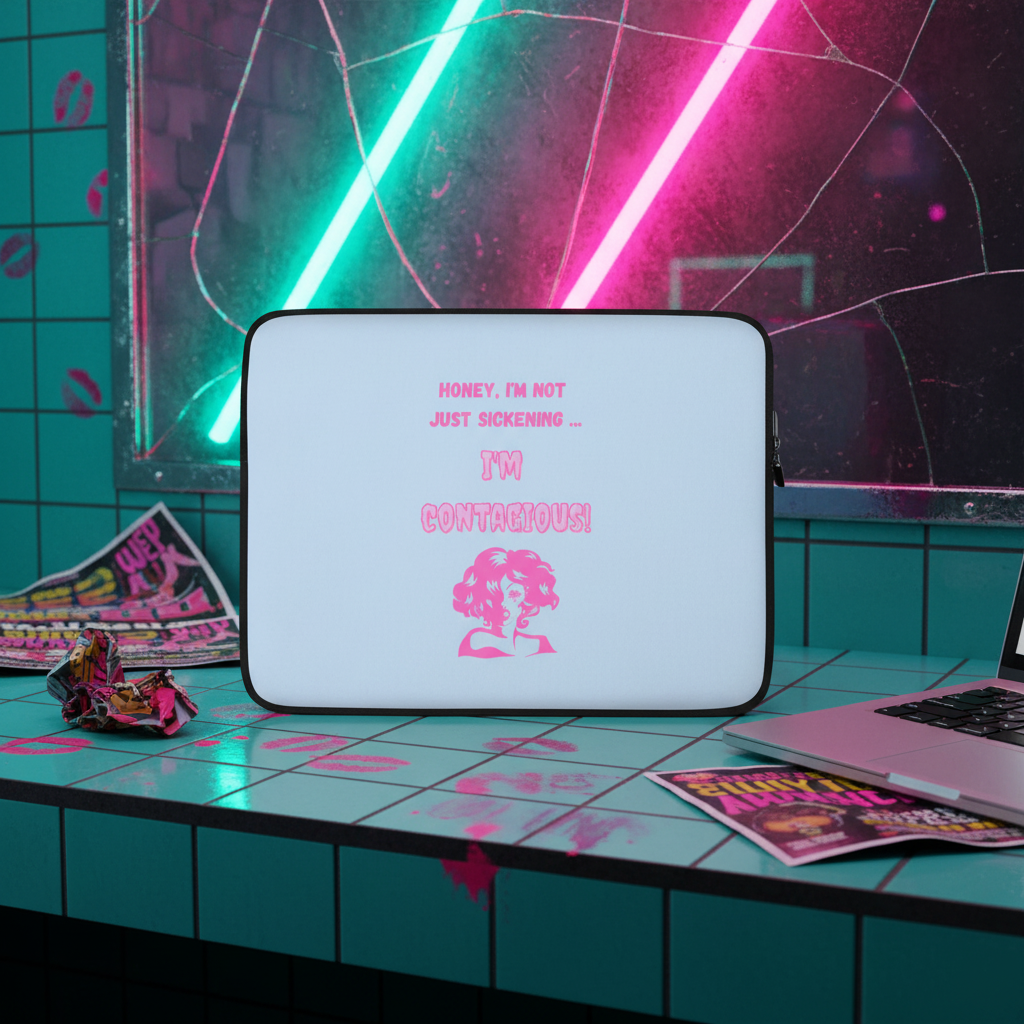 I'm Contagious Laptop Sleeve" with pink text—Honey, I’m not just sickening… I’m CONTAGIOUS!—drag queen art on teal tiles, neon lights, and retro magazines.