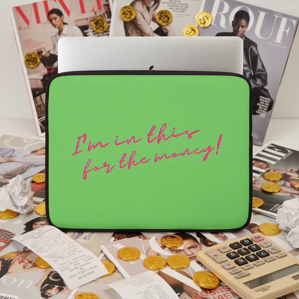 Green laptop sleeve with bold pink "I'm In This For The Money" text, on a messy desk with coins, receipts, mags, and laptop.