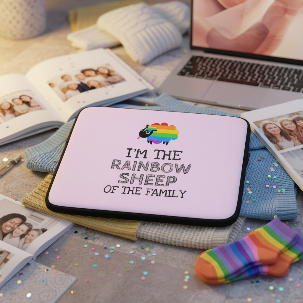 I'm The Rainbow Sheep Of The Family" laptop sleeve with a rainbow sheep graphic, shown on a cozy setup with pride vibes and playful decor.