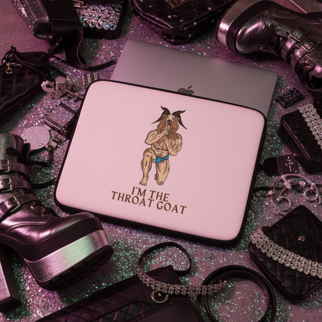 I'm The Throat Goat Laptop Sleeve" with ripped goat-man art and bold lettering on glitter, next to black platforms, rhinestones, and MacBook.
