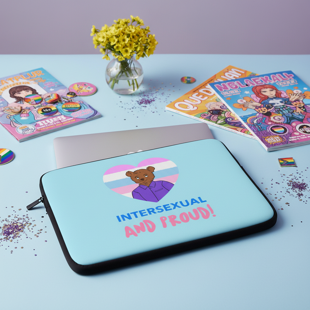 Pastel blue laptop sleeve with bear, intersex pride heart, and “INTERSEXUAL AND PROUD!” on a desk amid queer mags, pins, confetti.