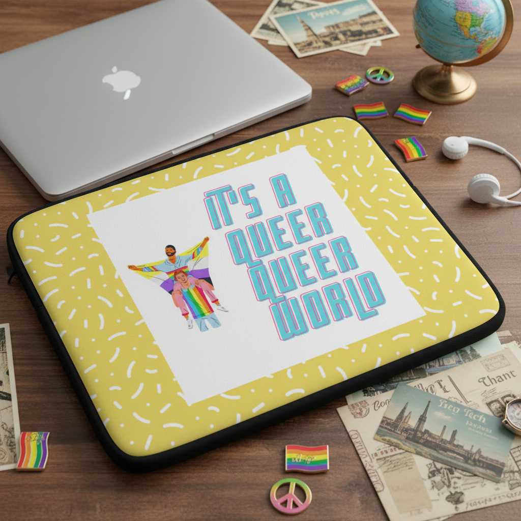 Laptop sleeve on a desk with “IT’S A QUEER QUEER WORLD” in blue on yellow, two folks holding pride flags, rainbow swag, souvenirs.
