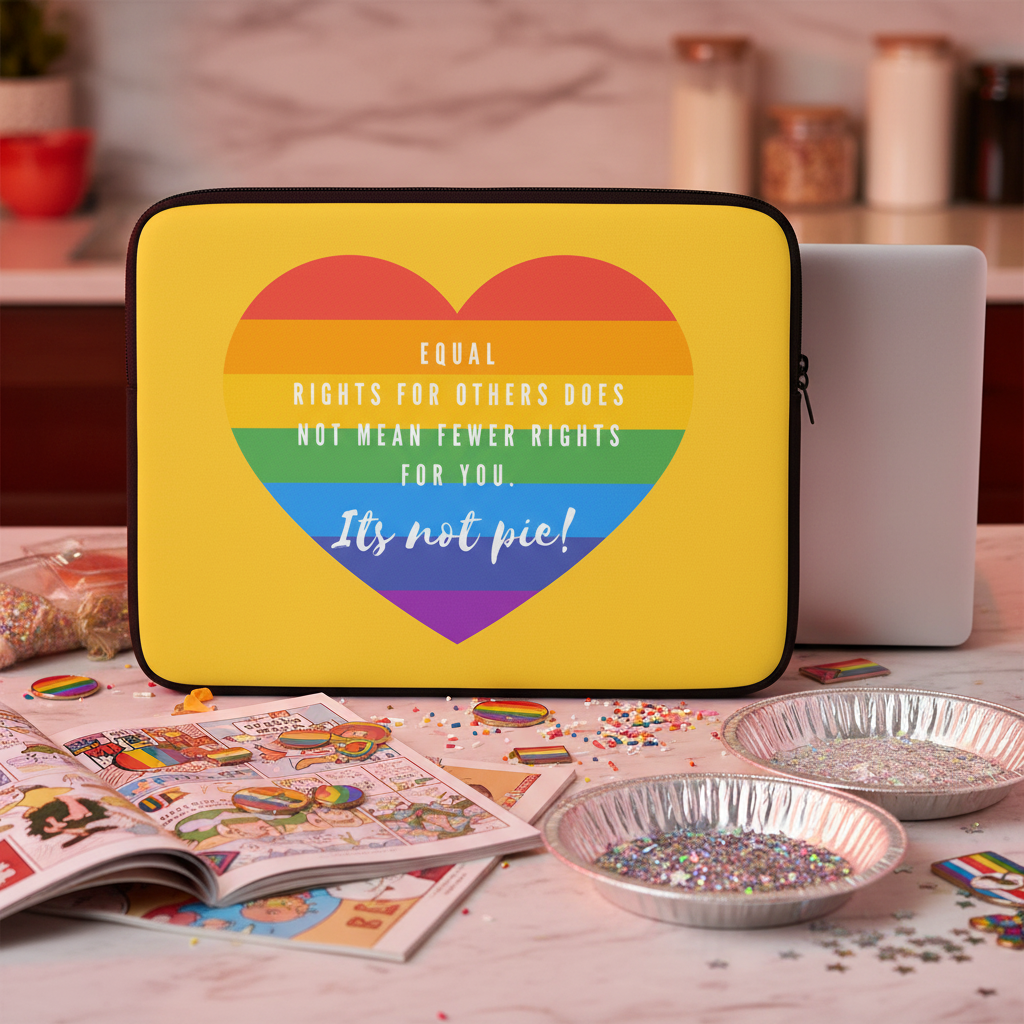 Yellow It's Not Pie laptop sleeve with rainbow heart and slogan: "Equal rights for others does not mean fewer rights for you. It’s not pie!"—shown on a kitchen counter with coloring books and baking supplies.