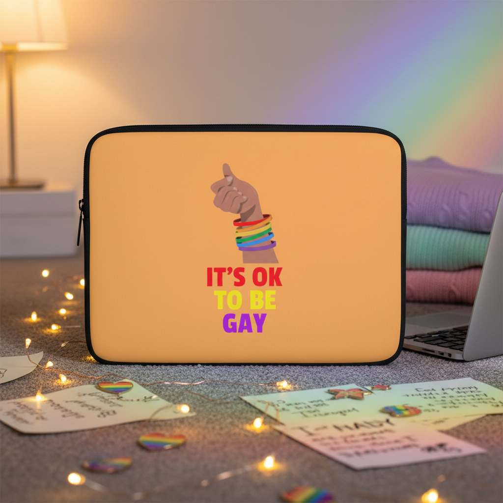 Neoprene laptop sleeve with “ITS OK TO BE GAY” in rainbow colors, raised fist with rainbow bracelets, on carpet with queer decor.