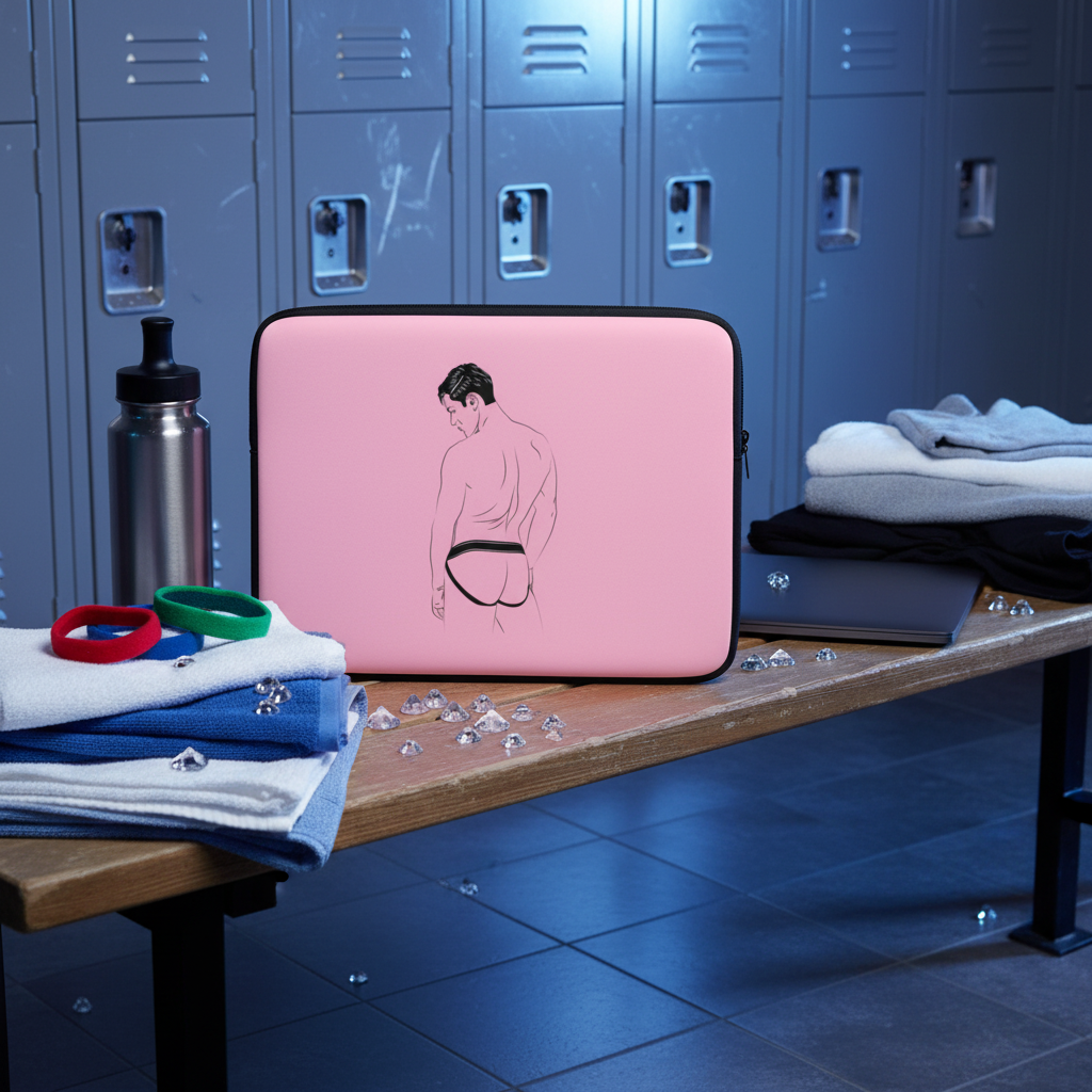 Jockstrap Laptop Sleeve flaunts a pink pride vibe with a line art beefcake in briefs, folded towels, rainbow wristbands, diamonds, and blue lockers.