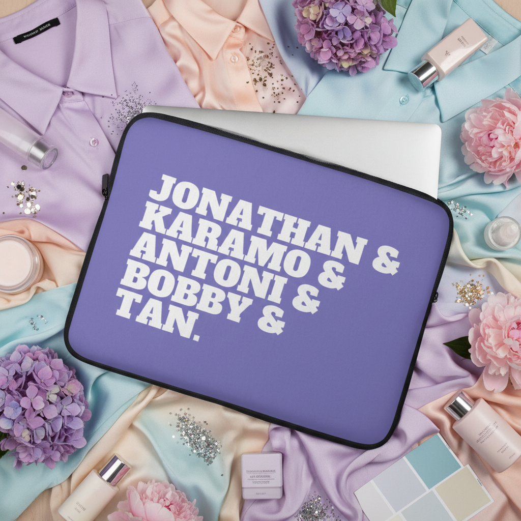 Lavender laptop sleeve with bold white "Jonathan & Karamo & Antoni & Bobby & Tan" text, peeking from under a silver laptop, surrounded by pastel shirts, purple hydrangeas, perfume bottles, and rhinestones.