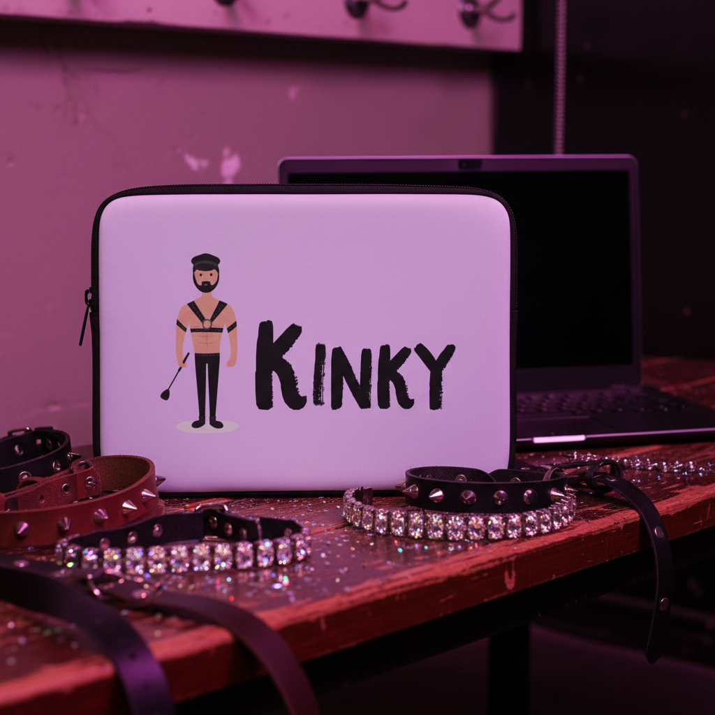Kinky Laptop Sleeve featuring a cartoon bearded leather daddy in cap and gear, whip, "KINKY" text, studded collars; purple-lit room.