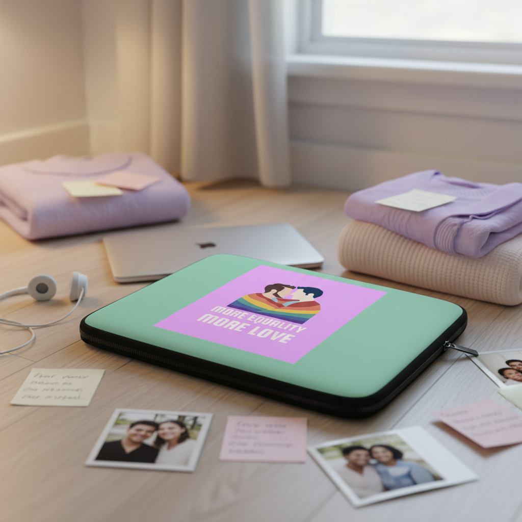 Mint green LGBT Couple Laptop Sleeve with “More Equality, More Love” text sits on wood floor by folded clothes, laptop, and Polaroids.