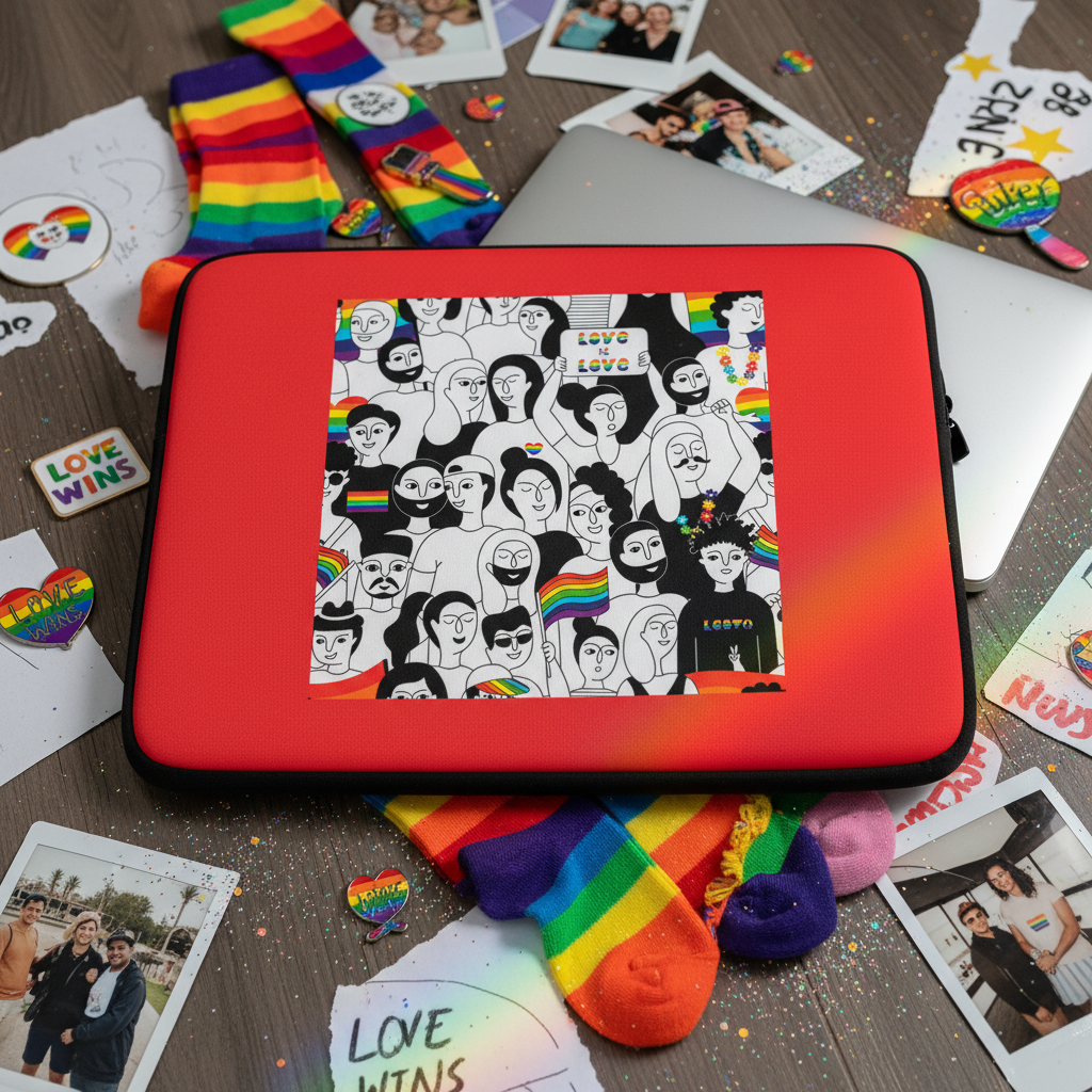 LGBT Pride Laptop Sleeve with black-and-white diverse folks, some holding rainbow flags, on wood amid rainbow socks, LGBTQ+ stickers, confetti, photos, laptops, and “Love Wins” signs.