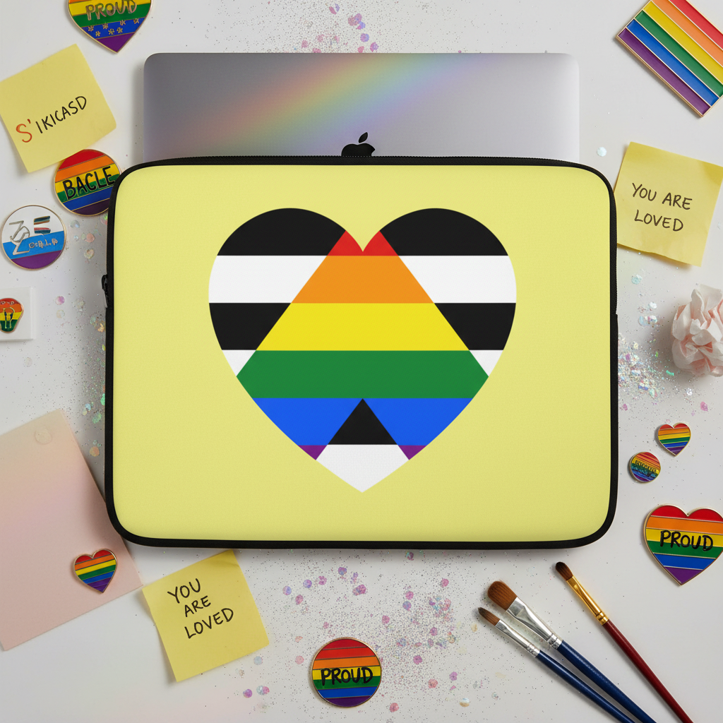 LGBTQ Ally laptop sleeve with a rainbow straight-ally heart flag on yellow, beside pride pins, stickers, and “YOU ARE LOVED” notes.
