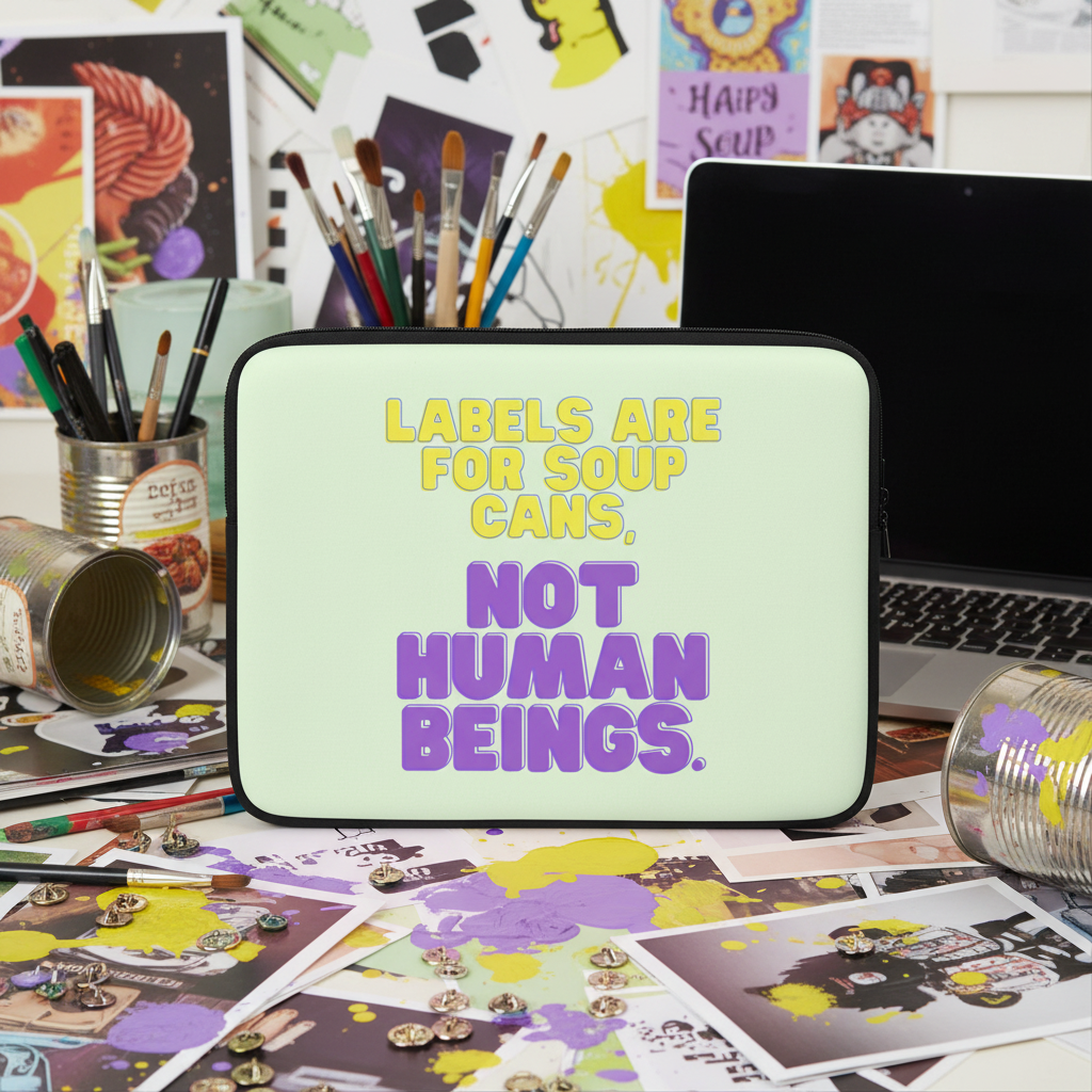 Mint green laptop sleeve with “Labels are for soup cans. Not human beings.” in yellow and purple, amid desk art, pins, supplies.