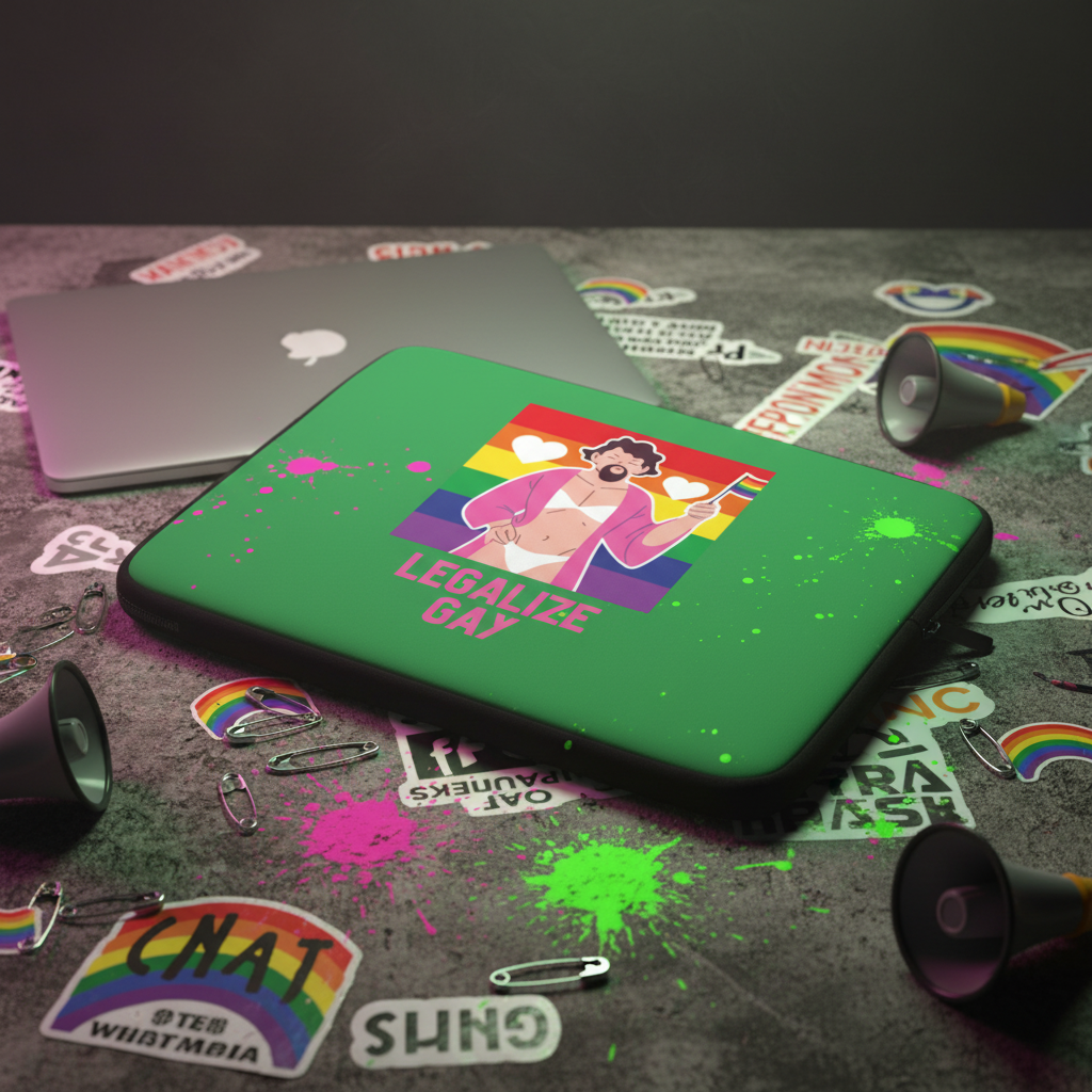 Green neoprene Legalize Gay laptop sleeve with rainbow design and “LEGALIZE GAY” text on desk, LGBTQ+ stickers, rainbow art.