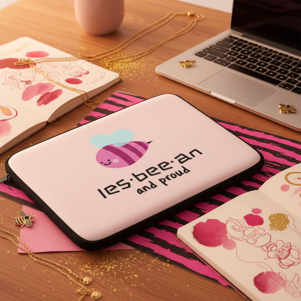 Les-Bee-An And Proud laptop sleeve in bright pink with a smiling bee and pride slogan, on a desk with pink sketchbooks and gold jewelry.