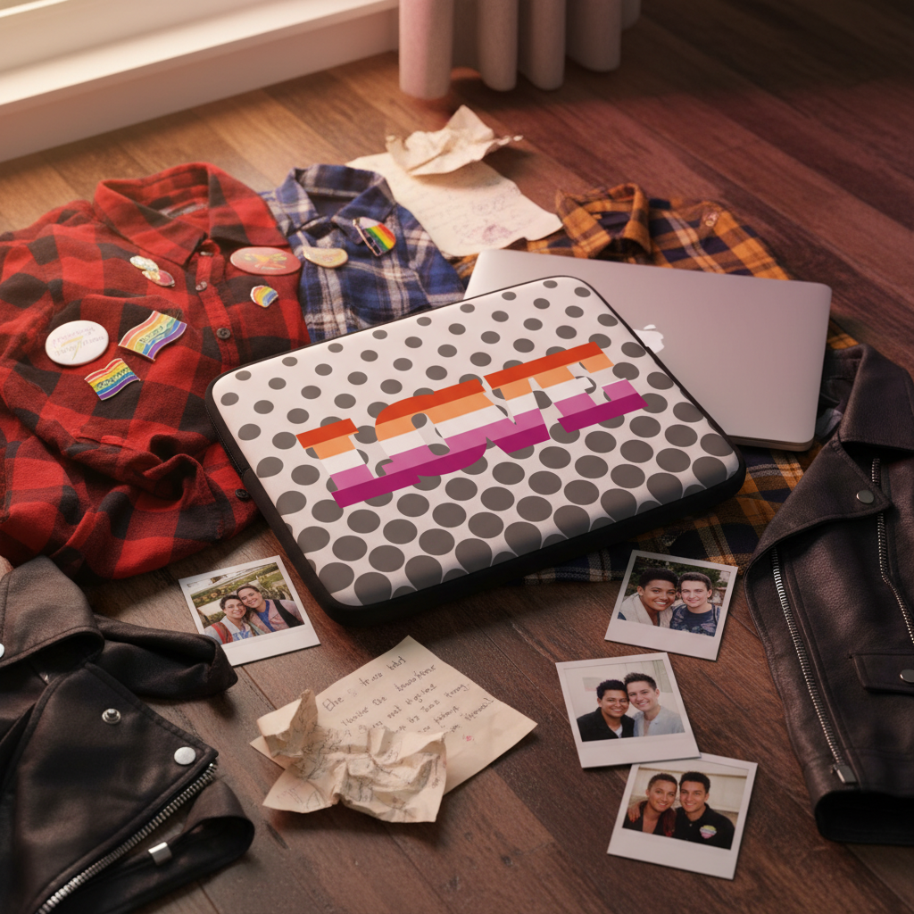 Lesbian Love Laptop Sleeve under a laptop with a colorful "LOVE" sticker, flanked by plaid shirts with pride pins, queer couple Polaroids, black leather jacket, and handwritten notes on sunlit wood floor.