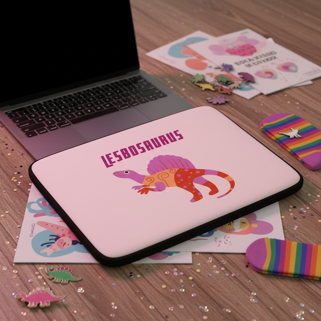 Lesbosaurus Laptop Sleeve with bold "Lesbosaurus" lettering and cartoon dino, on desk with rainbow socks, queer stickers, confetti.