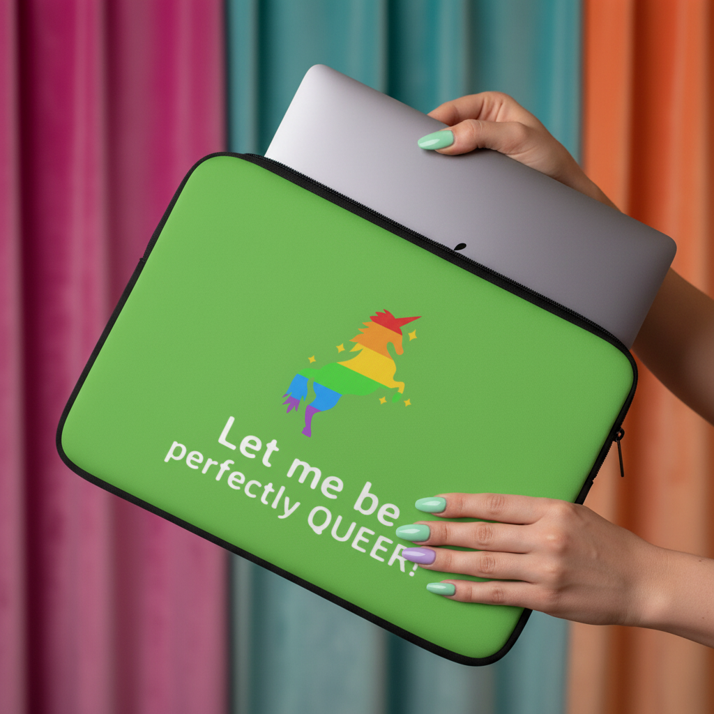 Bright green "Let Me Be Perfectly Queer" laptop sleeve with rainbow unicorn and bold lettering, held by person with mint-green nails. Blurry colorful vertical stripes in background.