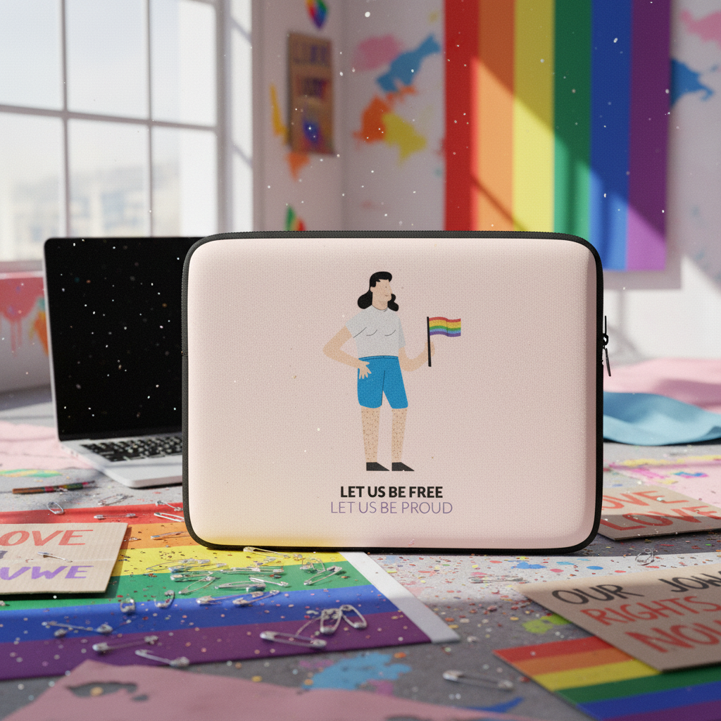 Laptop sleeve with an illustration of a person holding a rainbow flag and the slogan "LET US BE FREE, LET US BE PROUD," on a confetti-strewn, pride-decorated desk with LGBTQ+ posters.
