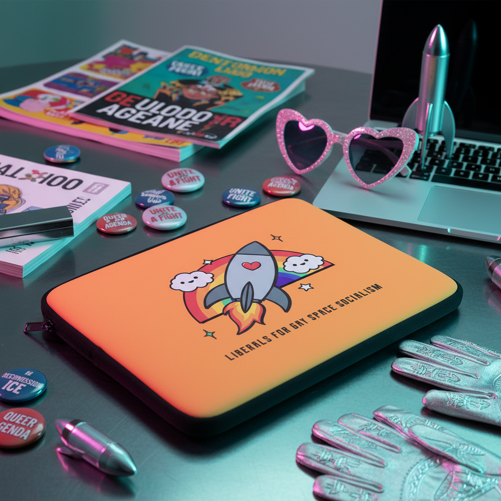 Bright orange "Liberals For Gay Space Socialism" laptop sleeve with cartoon rocket, on a queer desk with pride pins, comics, funky glasses.