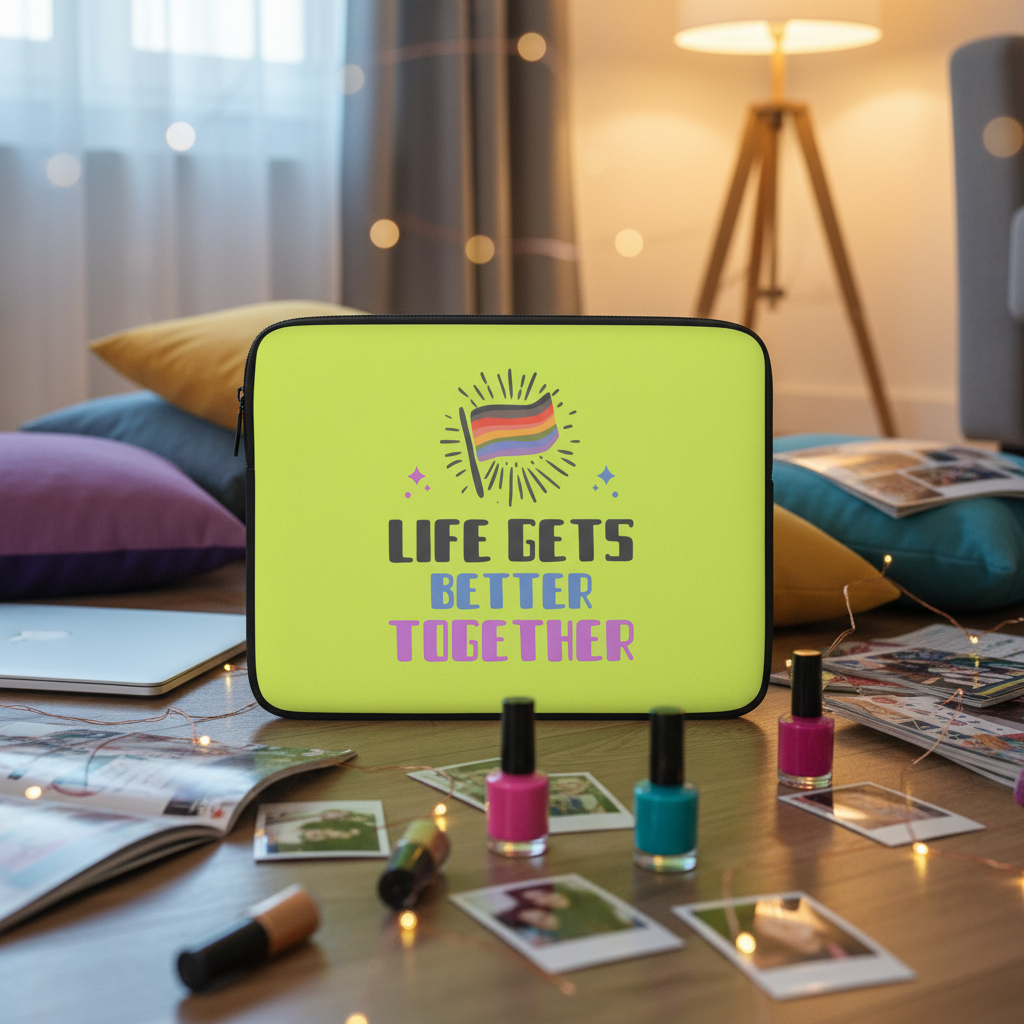 Lime green “Life Gets Better Together” laptop sleeve with a rainbow pride flag, shown on wood with nail polish, Polaroids, fairy lights.