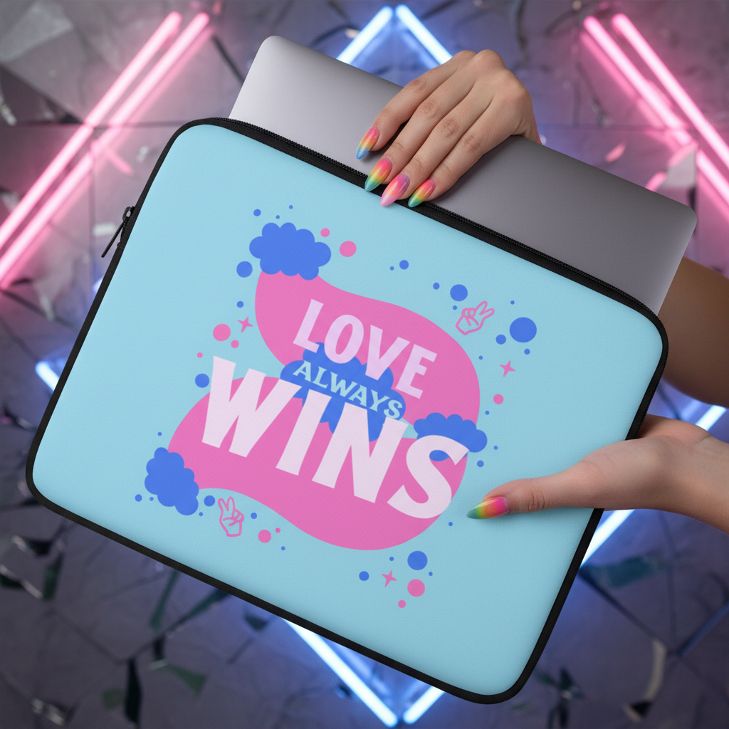 Love Always Wins Laptop Sleeve in neon-lit pink and white “LOVE ALWAYS WINS” on gray, held by a rainbow-nailed queer hand.