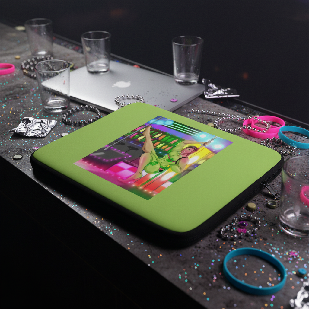 Laptop sleeve titled "Love At A Gay GoGo Bar" shows a person in green on faux fur, on a glittery table with colorful queer flair.