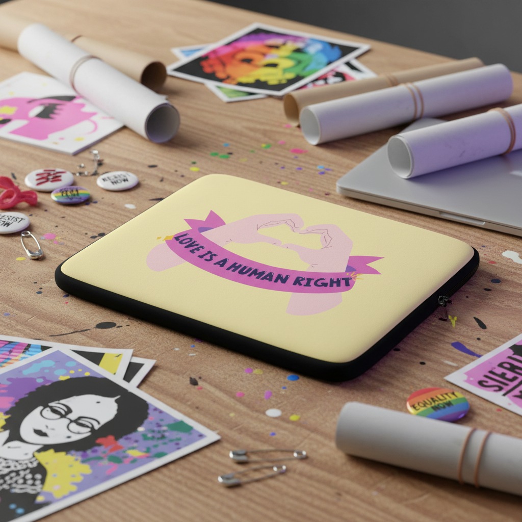 Laptop sleeve in bright yellow with bold "Love Is A Human Right" text and heart-hands, on a splattered desk among queer activist pins.