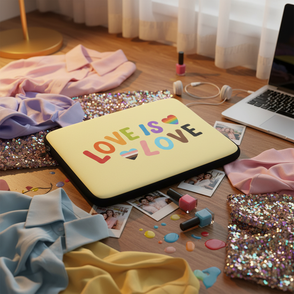 Laptop sleeve reads "Love Is Love" in bold rainbow lettering, surrounded by queer-chic clothes, nail polish, photos, open laptop.