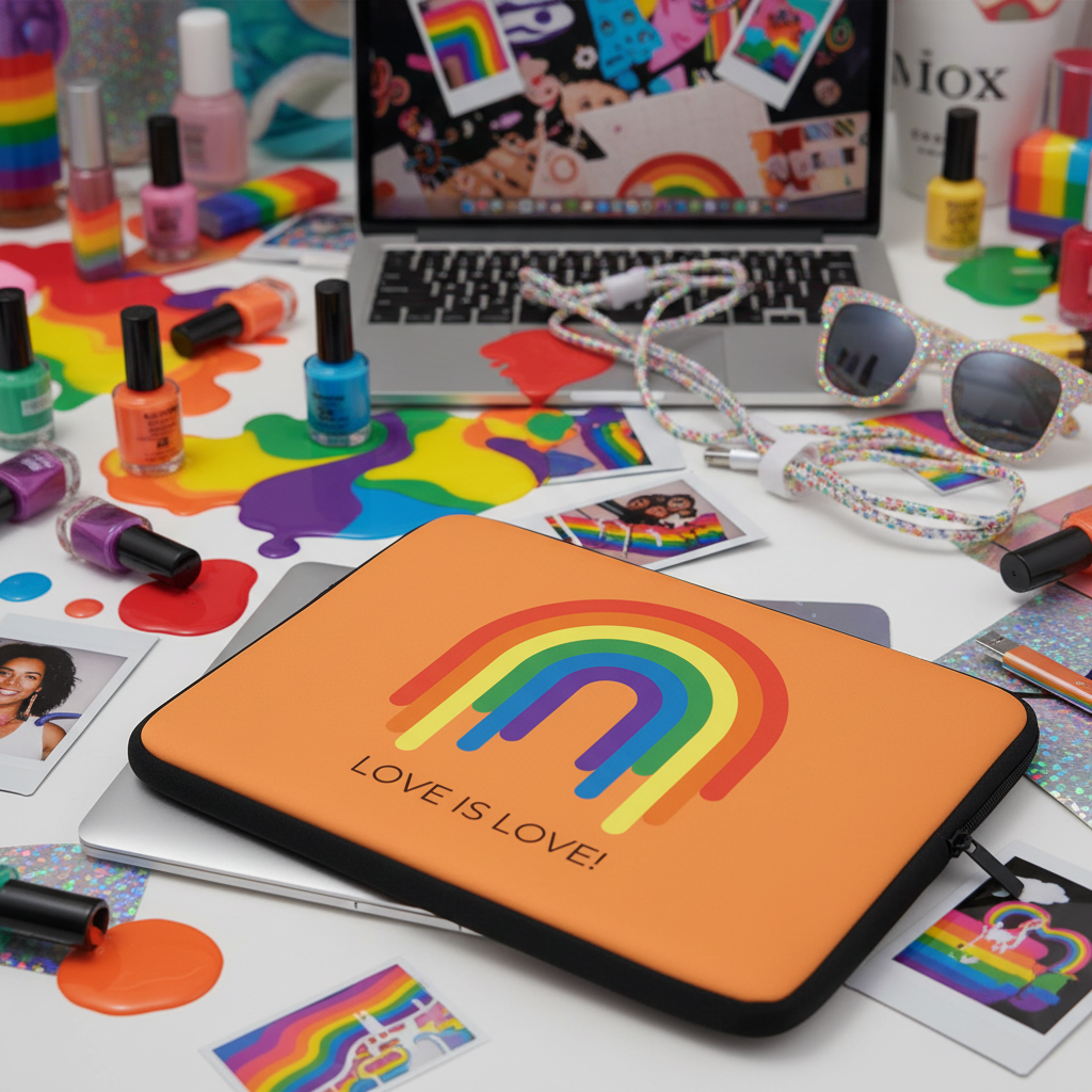 Love Is Love Rainbow Laptop Sleeve sits among rainbow nail polish, photos, sunglasses, queer stickers, paint spills, and glitter.
