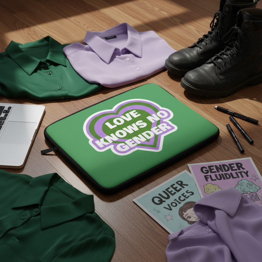 Love Knows No Gender" genderqueer laptop sleeve in green with a purple heart, shown on wood floor with green and purple shirts, black boots, laptop, pens, and LGBTQ+ magazines.