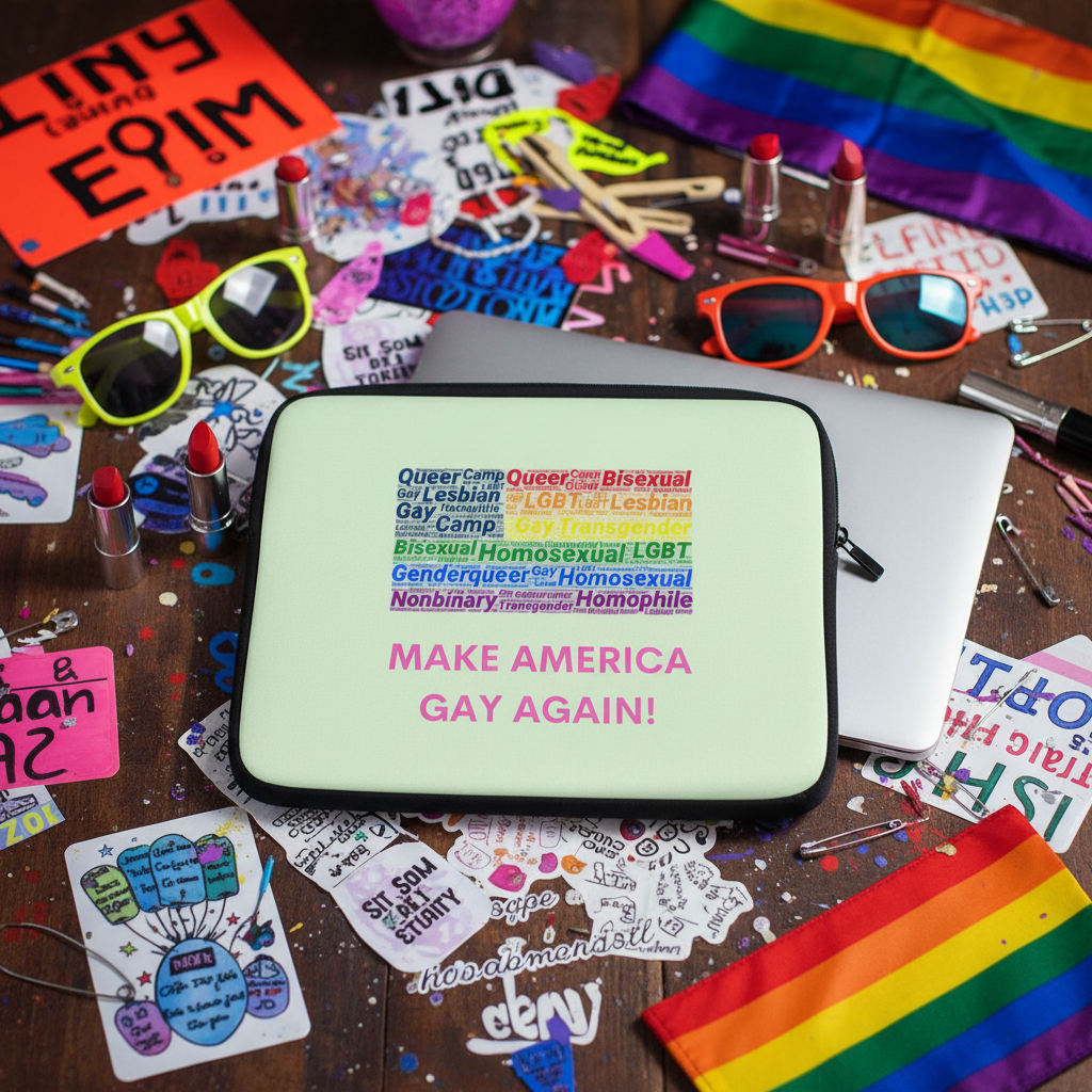 Laptop sleeve with "Make America Gay Again!" slogan, light green, water-resistant, rainbow LGBTQ+ word cloud; Pride flags nearby.