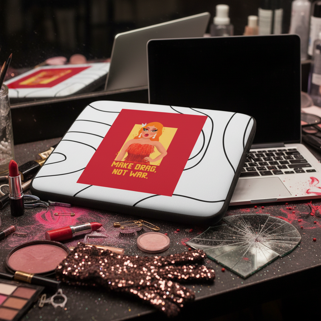 Open "Make Drag Not War" laptop sleeve with a fierce drag queen art, surrounded by cosmetics, brushes, and glittery gloves on a vanity.